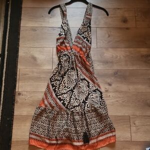 NWT Elegant Brown and Orange Patterned Maxi Short Dress